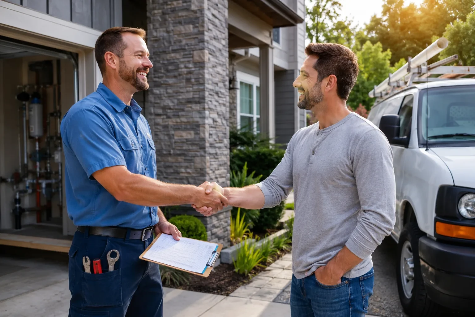 Licensed plumber shaking hands with a homeowner in Fremont, CA