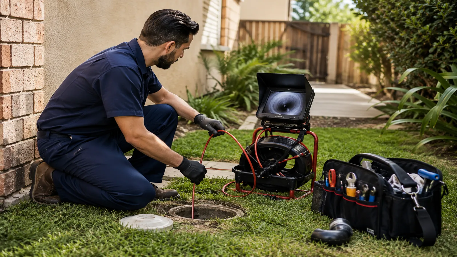 Plumber running a sewer camera inspection at a yard cleanout in the Glenmoor area of Fremont, CA